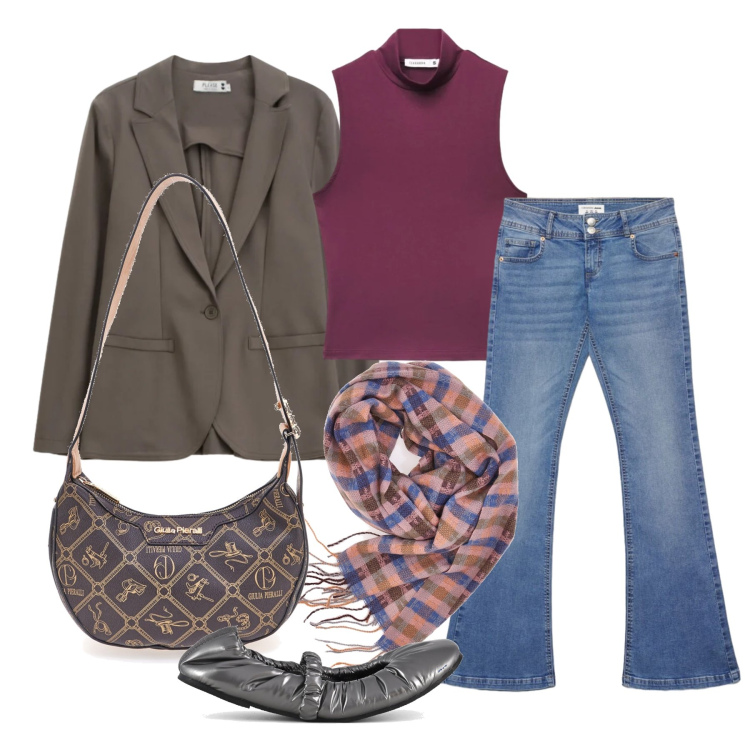 Outfit donna - Ottobre. Stile Casual per Tutti i giorni. Abbinamento con jeans a zampa, top, blazer, borse a tracolla, ballerine, sciarpe.