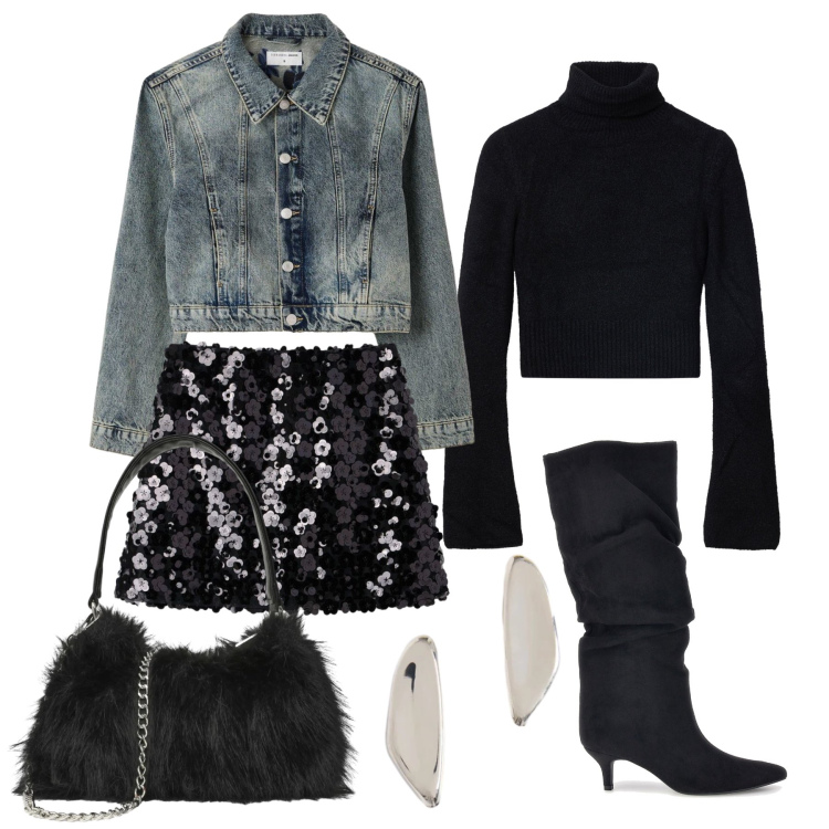 Outfit donna - Ottobre. Stile Trendy per Serata fuori. Abbinamento con maglieria, minigonne, cappotti, borse a spalla, orecchini, stivali sopra il ginocchio.