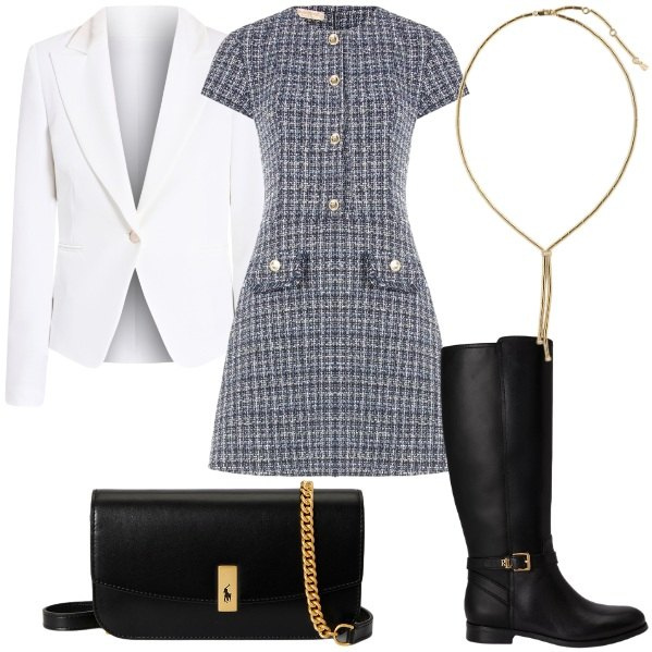Outfit donna - outfit da cerimonia con Rinascimento. Stile Glamour per Cerimonia. Abbinamento con vestiti corti, blazer, stivali, clutch, collane.