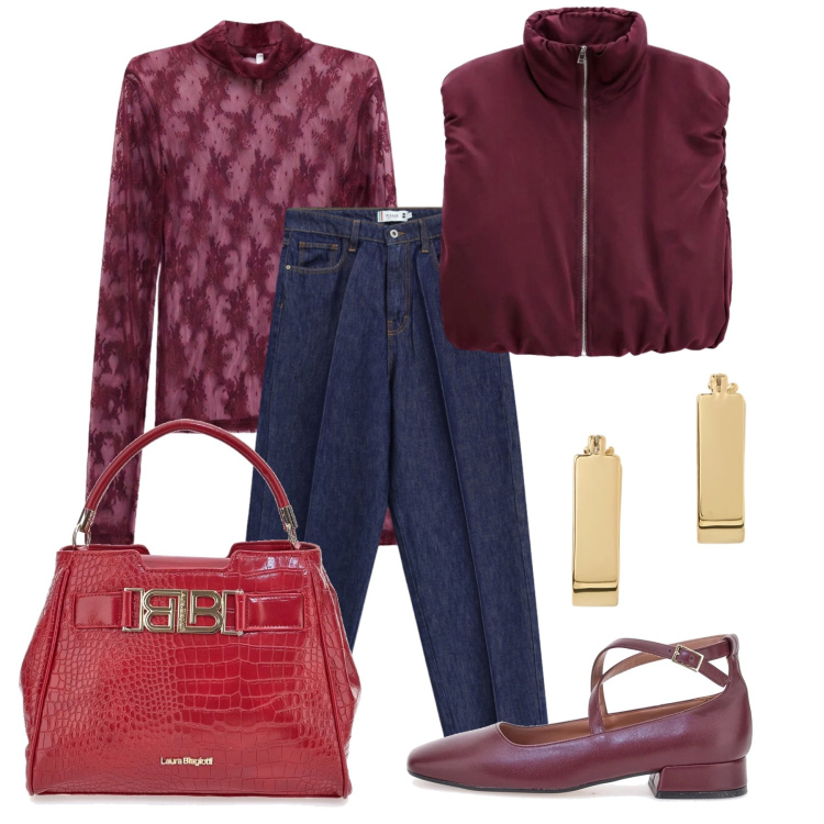 Outfit donna - Ottobre. Stile Casual chic per Tutti i giorni. Abbinamento con t-shirt, piumini, orecchini, jeans, ballerine, borse a mano.
