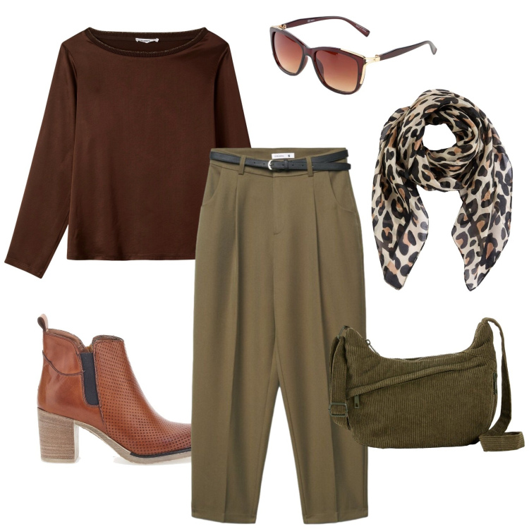 Outfit donna - Comoda con personalità. Stile Casual chic per Tutti i giorni. Abbinamento con pantaloni chino, bluse, stivaletti, borse a tracolla, occhiali da sole, foulard.