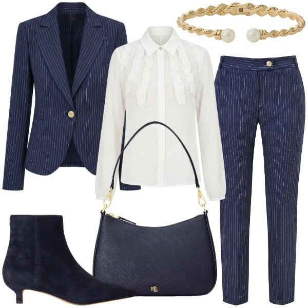 Outfit donna - cerimonia d\'autunno. Stile Glamour per Cerimonia. Abbinamento con pantaloni, camicie, blazer, stivaletti, braccialetti, borse a spalla.