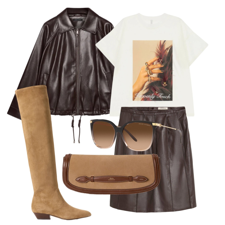 Outfit donna - Ottobre. Stile Trendy per Tutti i giorni. Abbinamento con t-shirt, giacche, occhiali da sole, clutch, stivali sopra il ginocchio, gonne longuette.