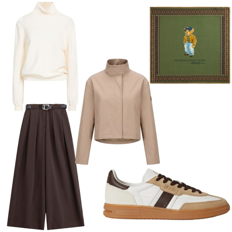 Outfit donna - In autunno. Stile Casual per Scuola/Università. Abbinamento con maglieria, pantaloni a palazzo, sneakers, foulard, blazer.