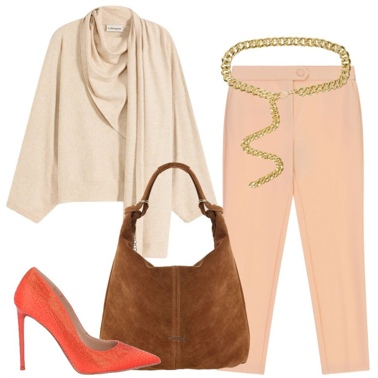 Outfit donna - Tacco alto. Stile Sporty chic per Ufficio. Abbinamento con décolleté, maglieria, borse a spalla, pantaloni, cinture.