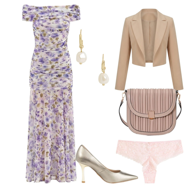 Outfit donna - Total look #2486065. Stile Romantica per Cerimonia. Abbinamento con culotte, bolero, vestiti lunghi, borse a tracolla, décolleté, orecchini.