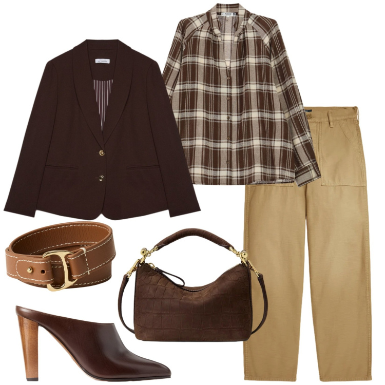 Outfit donna - Total look #2486067. Stile Trendy per Ufficio. Abbinamento con camicie, blazer, sabot, borse a spalla, braccialetti, pantaloni.