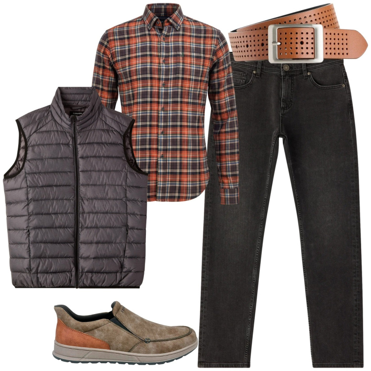 Outfit uomo - Total look #2486068. Stile Trendy per Tutti i giorni. Abbinamento con cinture, jeans, piumini, scarpe stringate, camicie.