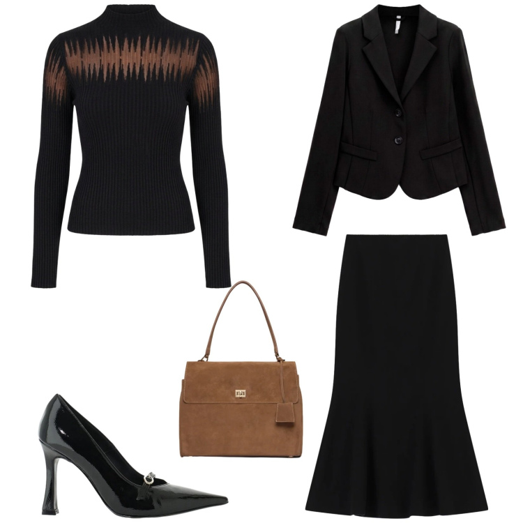 Outfit donna - Total look #2486070. Stile Chic per Serata fuori. Abbinamento con blazer, décolleté, gonne lunghe, borse a mano, pullovers.
