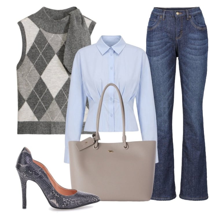 Outfit donna - Il jeans. Stile Trendy per Ufficio. Abbinamento con shopping bag, camicie, maglieria, jeans bootcut, décolleté.