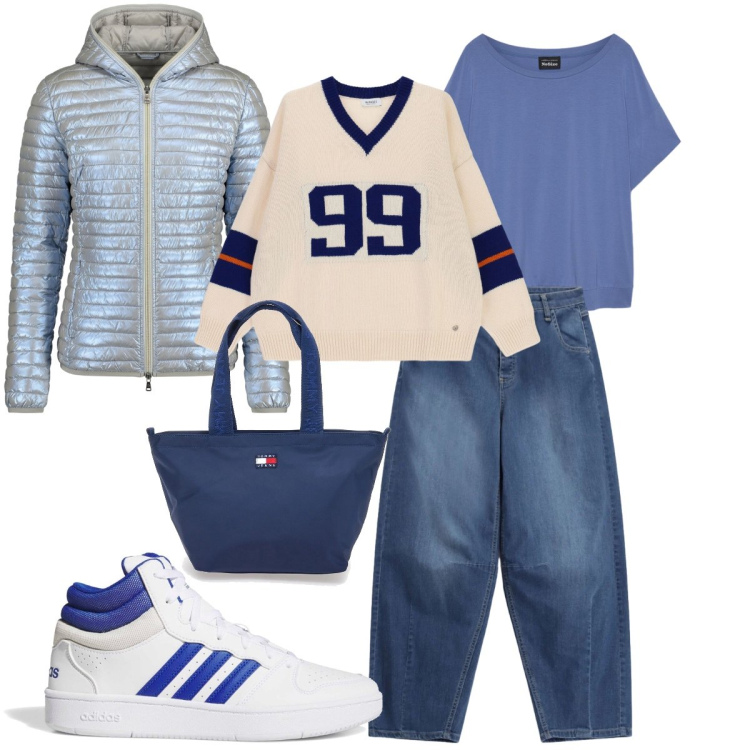 Outfit donna - Primi freddi in città. Stile Urban per Tutti i giorni. Abbinamento con jeans, maglieria, t-shirt, piumini, borse tote, sneakers alte.