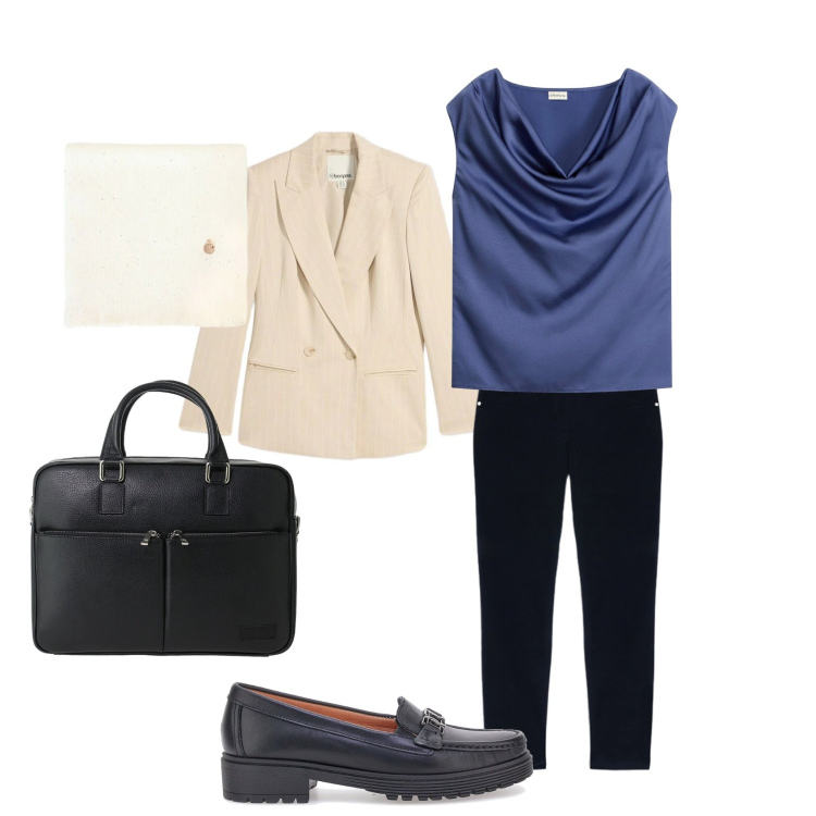 Outfit donna - Ritorno in ufficio. Stile Casual chic per Ufficio. Abbinamento con blazer, top, sciarpe, borse messenger, jeans skinny, mocassini.