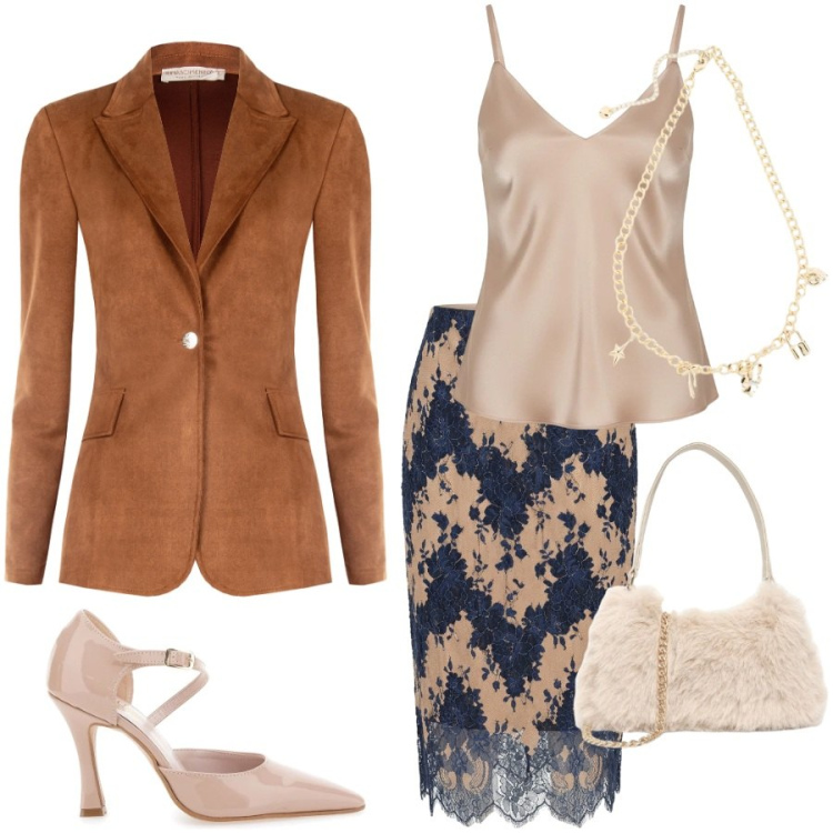 Outfit donna - Autunno chic. Stile Chic per Cerimonia. Abbinamento con collane, borse a spalla, blazer, gonne, top, décolleté.