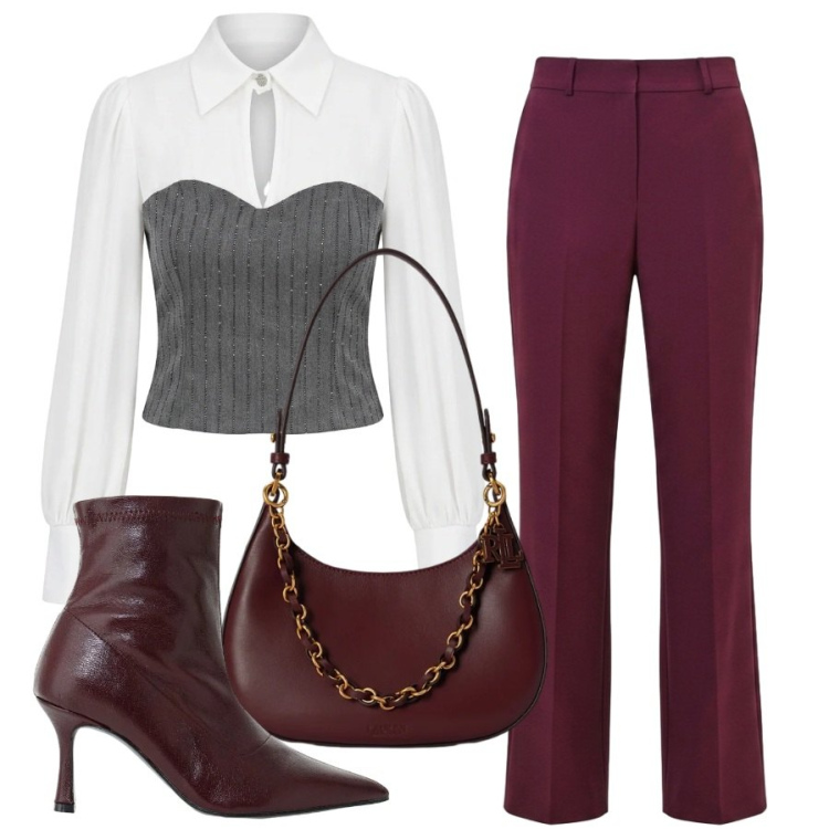 Outfit donna - Serata glamour. Stile Trendy per Serata fuori. Abbinamento con stivaletti, borse a spalla, bluse, pantaloni.