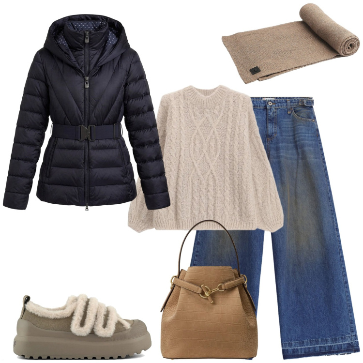 Outfit donna - Total look #2486085. Stile Basic per Tutti i giorni. Abbinamento con piumini, borse a secchiello, jeans, maglieria, sciarpe, sneakers.