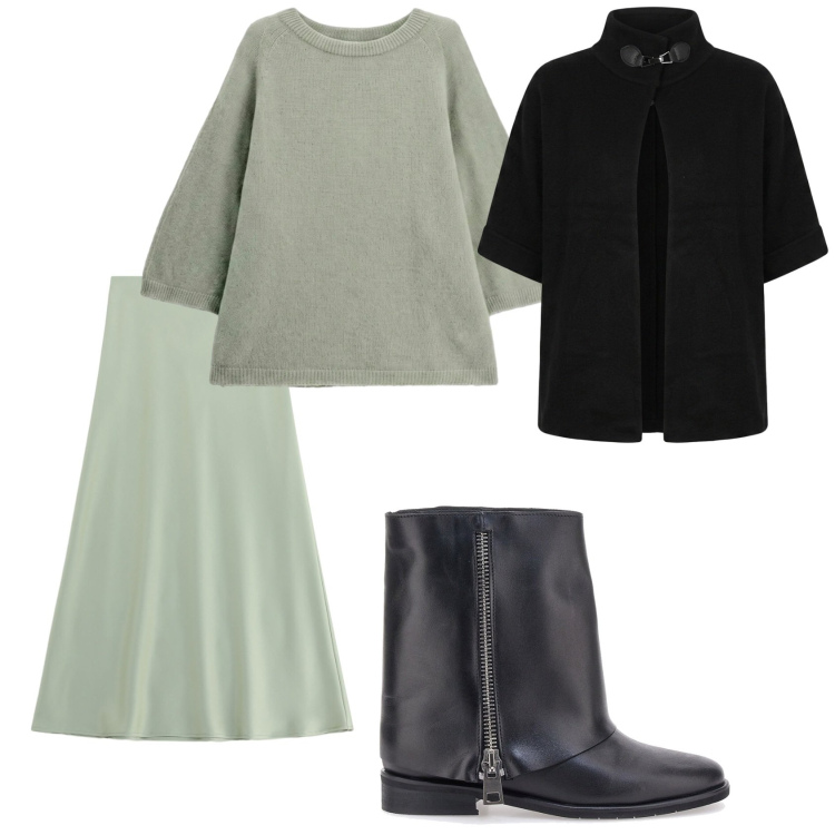 Outfit donna - Primi freddi. Stile Casual per Tutti i giorni. Abbinamento con maglieria, gonne lunghe, cappe, stivaletti.