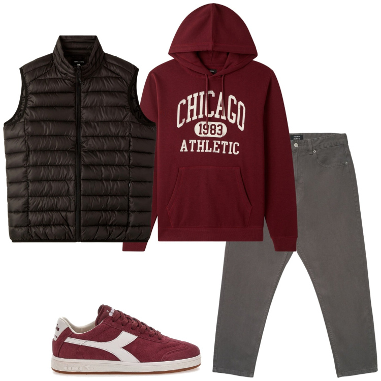 Outfit uomo - Serata al Cinema. Stile Casual per Tutti i giorni. Abbinamento con felpe con cappuccio, piumini, pantaloni, sneakers.