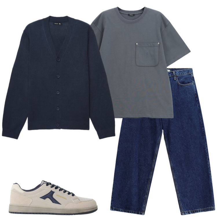 Outfit uomo - Pizza in famiglia. Stile Casual per Tutti i giorni. Abbinamento con jeans, sneakers, t-shirt, cardigans.