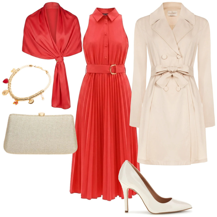 Outfit donna - Total look #2486093. Stile Chic per Cerimonia. Abbinamento con vestiti chemisier, trench, stole, collane, clutch, décolleté.