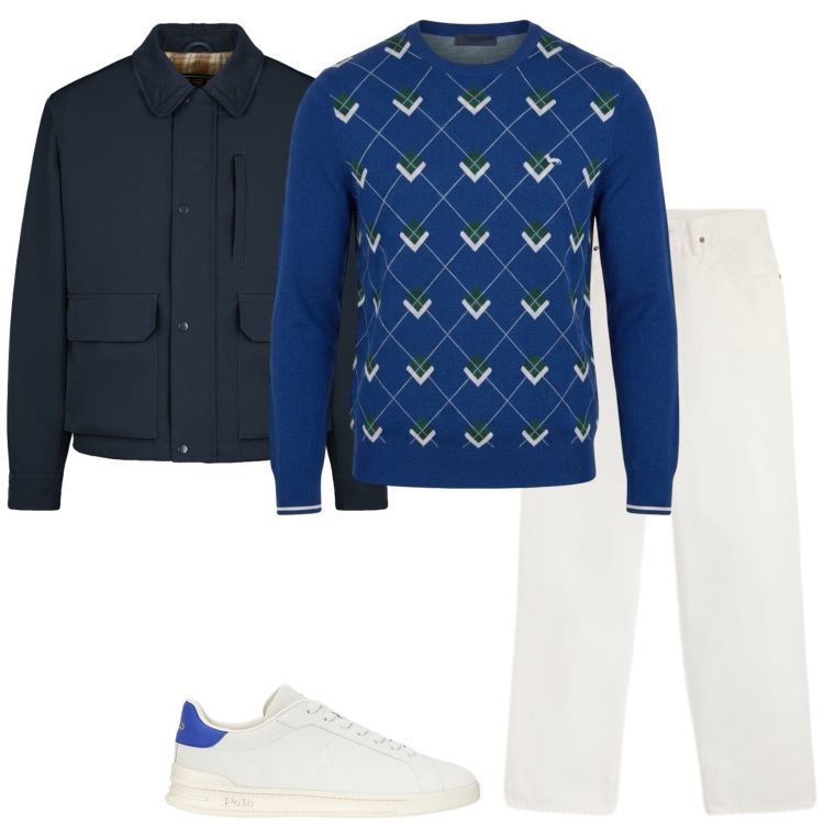 Outfit uomo - Cena. Stile Trendy per Serata speciale. Abbinamento con maglieria, sneakers, jeans, piumini.