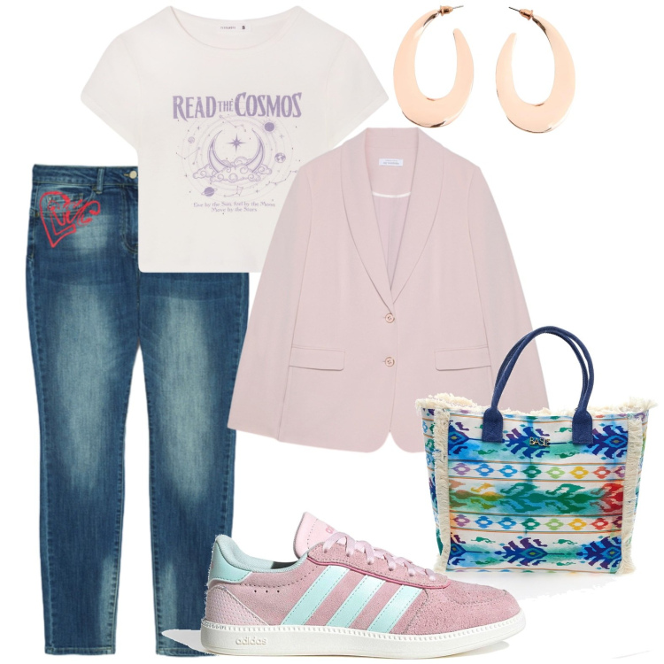 Outfit donna - Casual. Stile Casual per Tutti i giorni. Abbinamento con orecchini, t-shirt, blazer, jeans skinny, shopping bag, sneakers.
