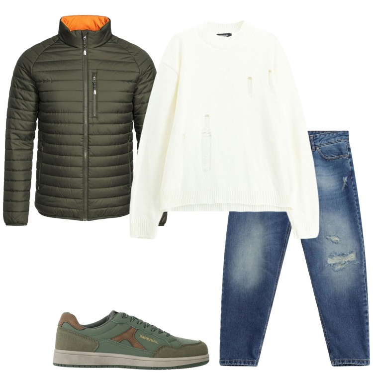 Outfit uomo - Al pub. Stile Trendy per Serata speciale. Abbinamento con sneakers, jeans strappati, maglieria, piumini.