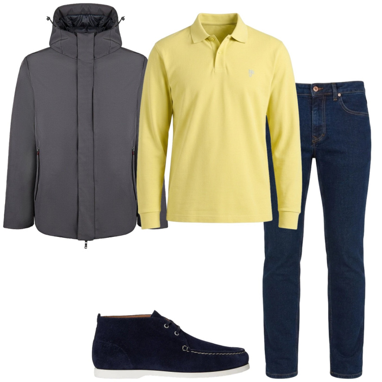 Outfit uomo - La polo gialla. Stile Casual per Tutti i giorni. Abbinamento con jeans, polo, scarpe stringate, parka.
