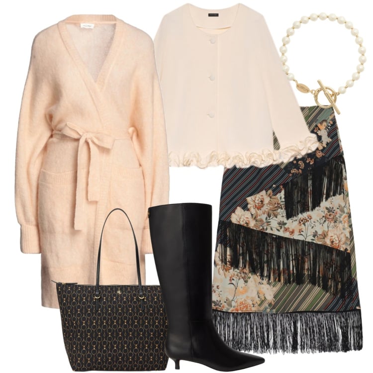 Outfit donna - Chic e casual. Stile Casual chic per Tutti i giorni. Abbinamento con cardigans, gonne longuette, felpe, braccialetti, stivali, borse tote.