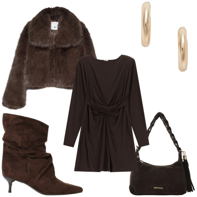 Outfit donna - Inverno glamour. Stile Glamour per Serata fuori. Abbinamento con blazer, stivali, borse a spalla, vestiti corti, orecchini.