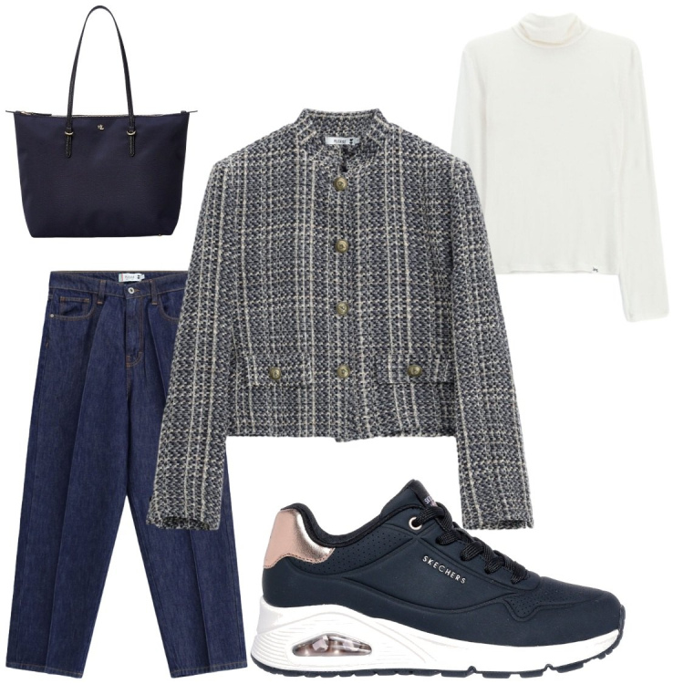 Outfit donna - Autunno con il sole. Stile Casual chic per Ufficio. Abbinamento con t-shirt, borse tote, jeans, cappotti, sneakers.
