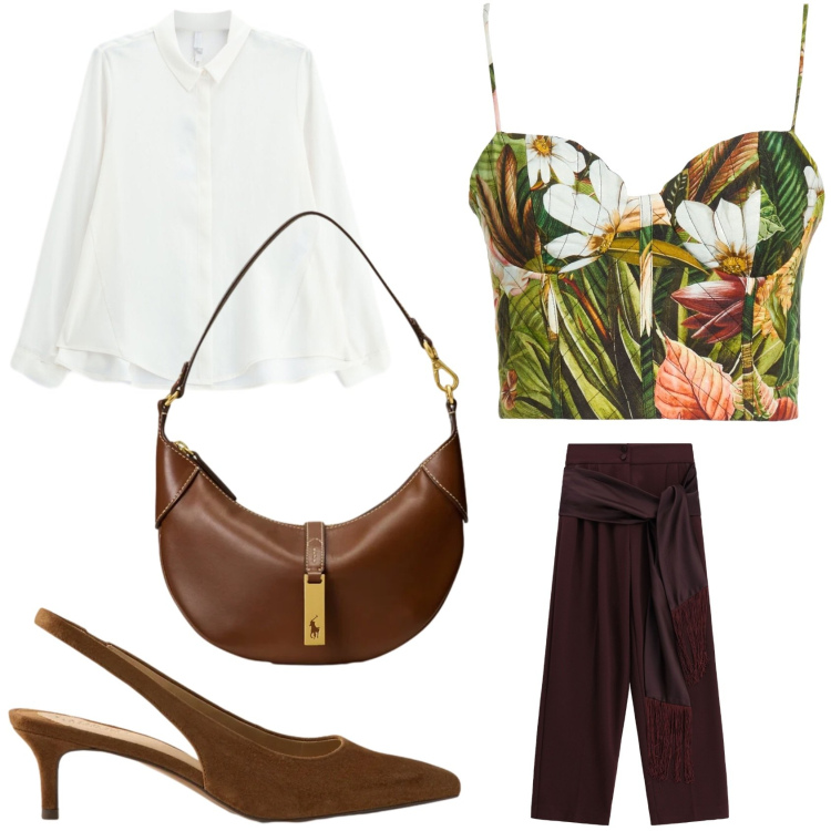 Outfit donna - Top e camicia. Stile Chic per Ufficio. Abbinamento con pantaloni a palazzo, camicie, borse a spalla, décolleté, top.