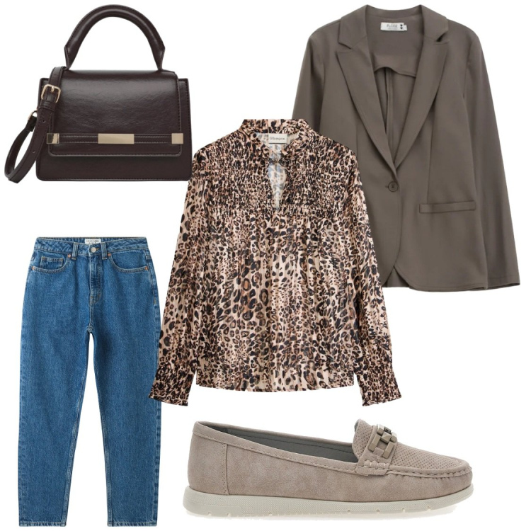 Outfit donna - Ufficio. Stile Chic per Ufficio. Abbinamento con bluse, jeans mom, borse a tracolla, blazer, mocassini.