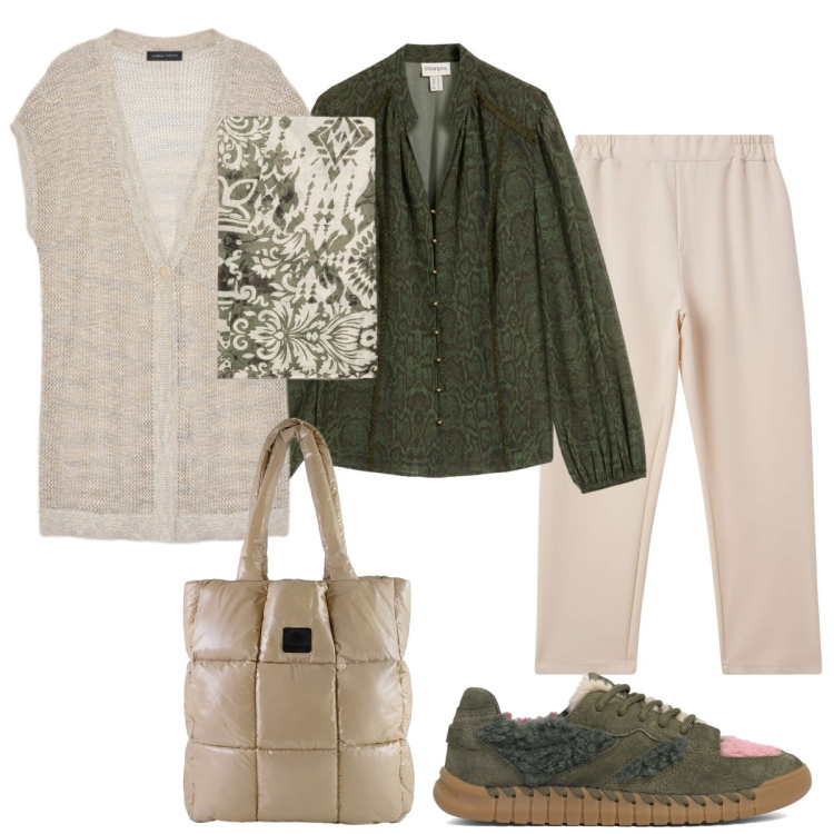 Outfit donna - In città. Stile Minimal per Tutti i giorni. Abbinamento con foulard, maglieria, shopping bag, pantaloni, sneakers, bluse.