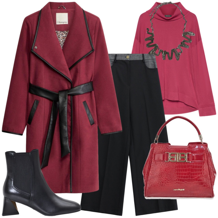 Outfit donna - Elegante. Stile Casual chic per Tutti i giorni. Abbinamento con cappotti, stivaletti, pantaloni a palazzo, ciondoli, maglieria, borse a mano.
