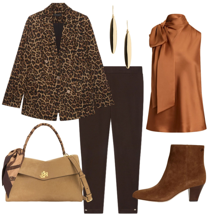 Outfit donna - Donna in carriera. Stile Glamour per Ufficio. Abbinamento con leggings, blazer, stivaletti, borse a mano, bluse, orecchini.