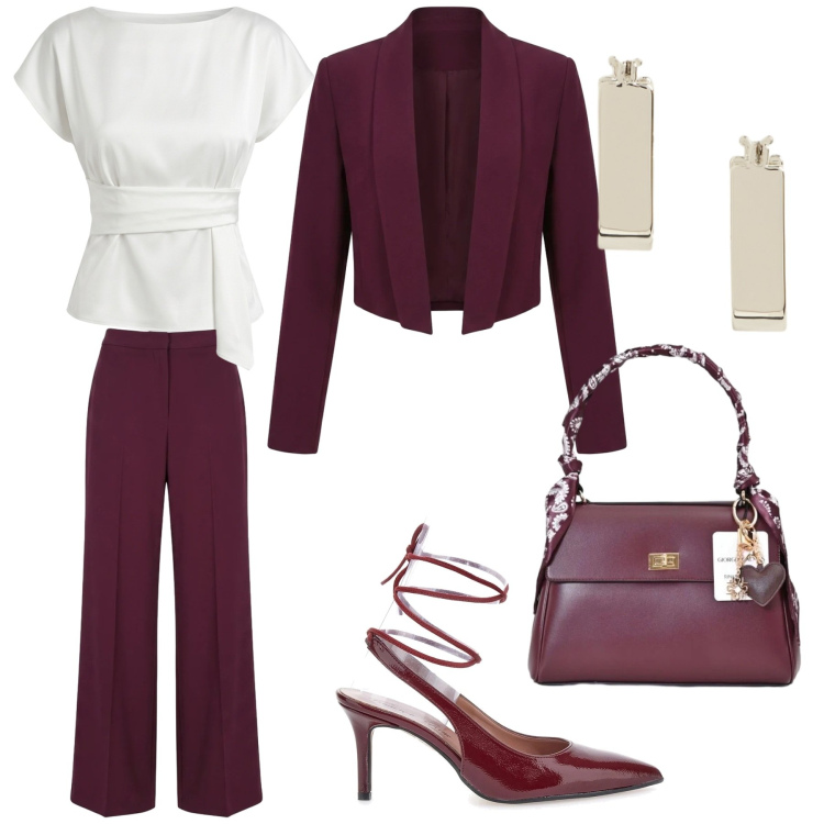 Outfit donna - Cerimonia in completo. Stile Casual chic per Cerimonia. Abbinamento con blazer, pantaloni a palazzo, borse a mano, bluse, orecchini, décolleté.
