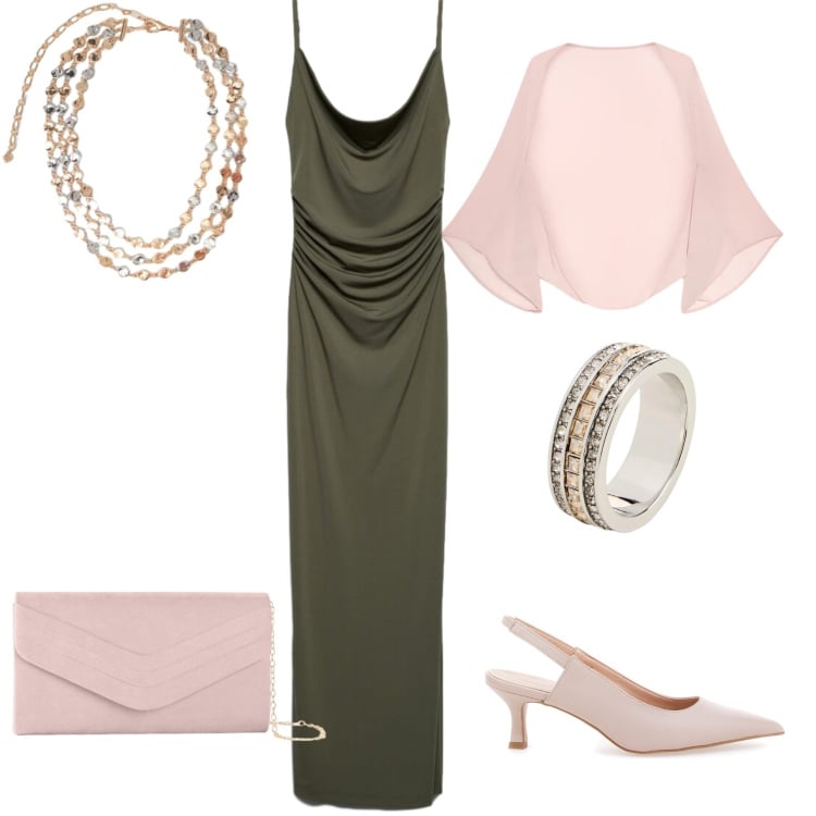 Outfit donna - Serata estiva. Stile Casual chic per Cerimonia. Abbinamento con clutch, anelli, vestiti lunghi, collane, blazer, décolleté.