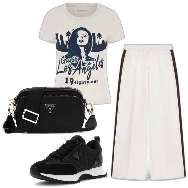 Outfit mujer - Casual look. Estilo Casual para Todos los días. Combinación con pantalones, bandoleras, camiseta, sneakers.