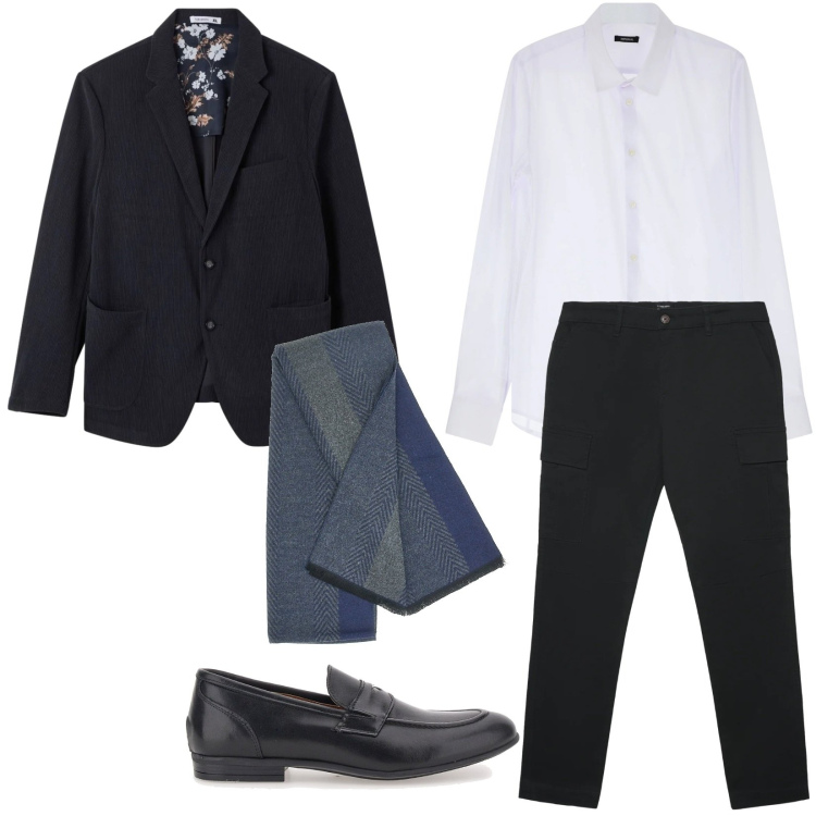 Outfit uomo - Eleganza intramontabile. Stile Business/Elegante per Ufficio. Abbinamento con pantaloni cargo, giacche, camicie, sciarpe, scarpe stringate.