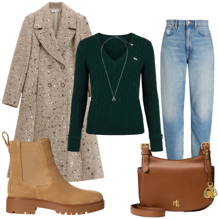 Outfit donna - Total look #2486130. Stile Casual chic per Tutti i giorni. Abbinamento con maglieria, jeans, stivaletti, borse a tracolla, collane, cappotti.