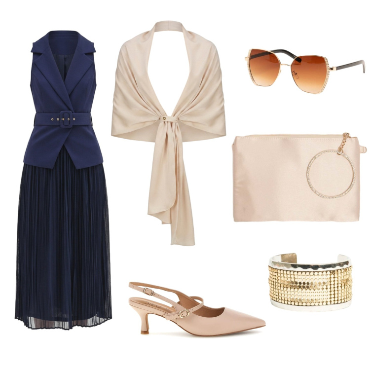 Outfit donna - Total look #2486134. Stile Minimal per Cerimonia. Abbinamento con vestiti midi/longuette, stole, occhiali da sole, pochette, braccialetti, décolleté.