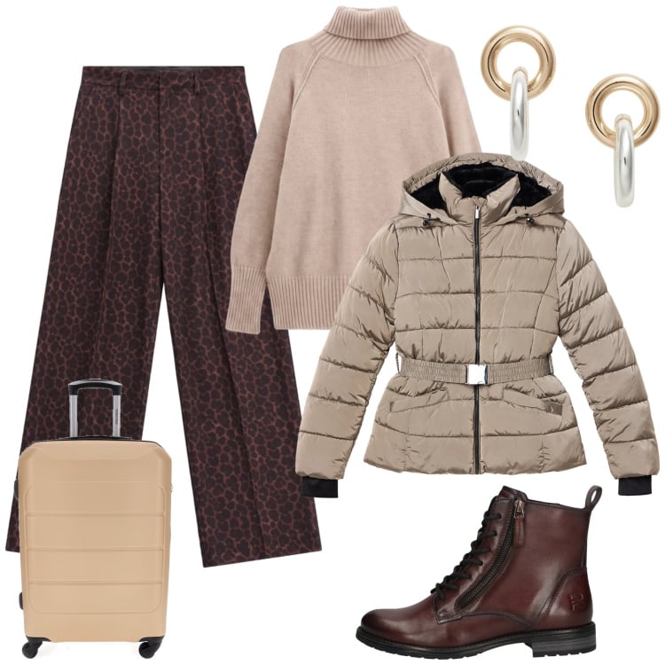 Outfit donna - Total look #2486135. Stile Chic per Tutti i giorni. Abbinamento con pullovers, pantaloni a palazzo, orecchini, piumini, stivaletti, valigie.