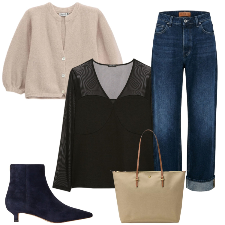 Outfit donna - Total look #2486136. Stile Casual chic per Tutti i giorni. Abbinamento con t-shirt, borse tote, stivaletti, jeans dritti, cardigans.