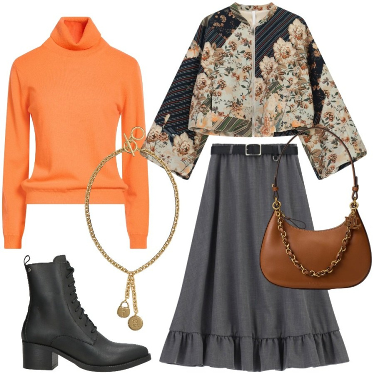 Outfit donna - Bomber fantasia e gonna lunga. Stile Boho per Tutti i giorni. Abbinamento con bomber, gonne longuette, borse a spalla, ciondoli, maglieria, stivaletti.