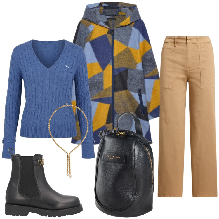 Outfit donna - Total look #2486139. Stile Chic per Tutti i giorni. Abbinamento con maglieria, cappotti, pantaloni, collane, stivaletti chelsea, zaini.
