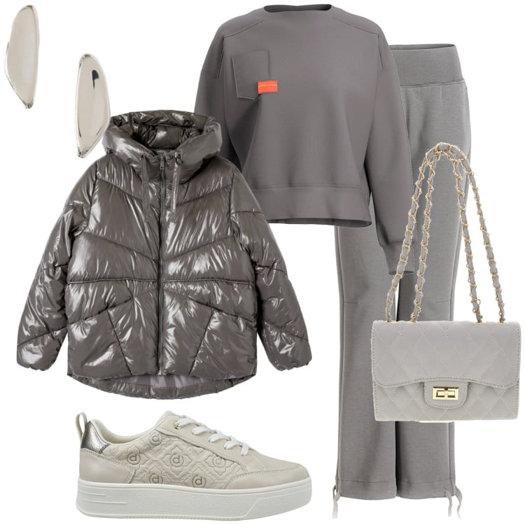 Outfit donna - Sportiva on inverno. Stile Casual per Sport. Abbinamento con bomber, orecchini, felpe, pantaloni, borse a tracolla, sneakers.