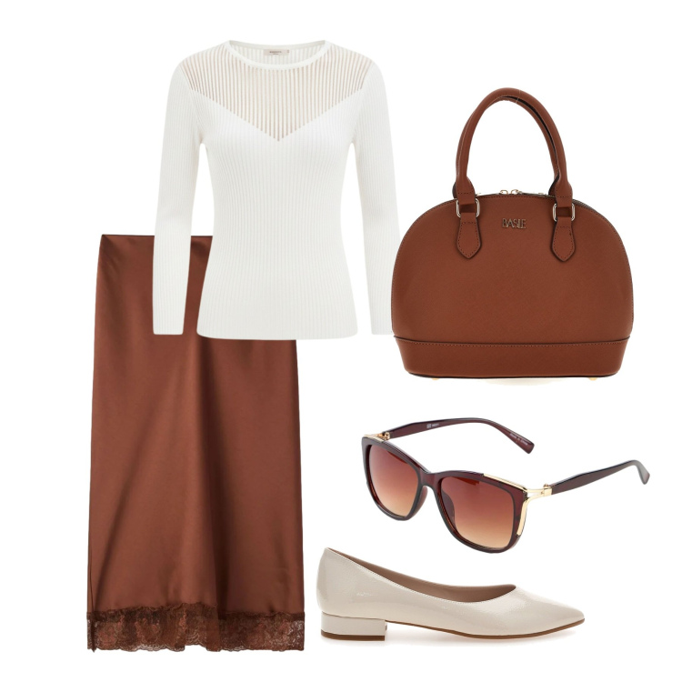 Outfit donna - Giornata di autunno. Stile Minimal per Tutti i giorni. Abbinamento con maglieria, gonne longuette, ballerine, occhiali da sole, borse a mano.