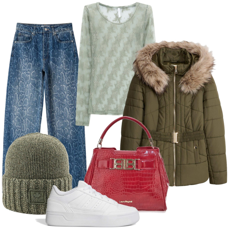 Outfit donna - Total look #2486144. Stile Glamour per Tutti i giorni. Abbinamento con piumini, jeans dritti, t-shirt, berretti, borse a mano, sneakers.