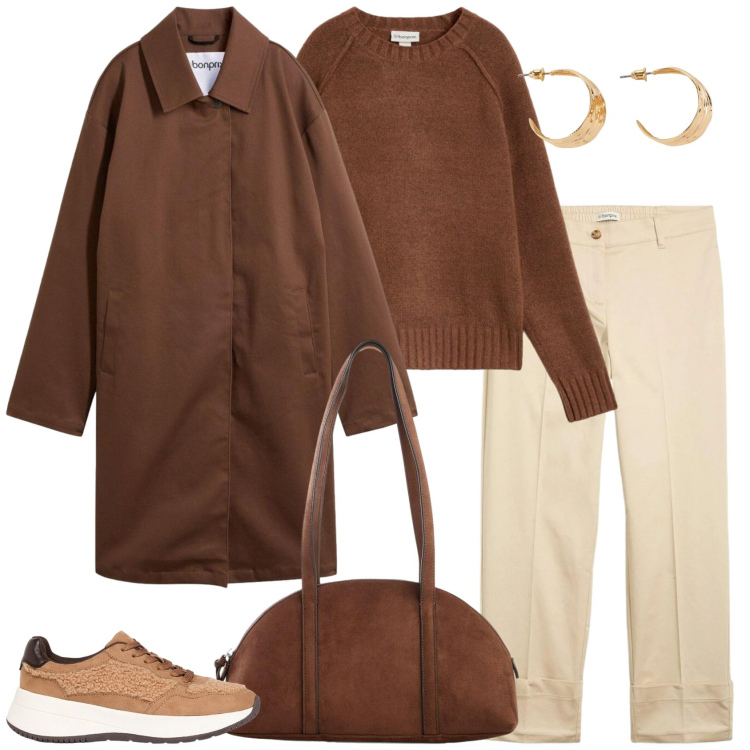 Outfit donna - Panna e cioccolato. Stile Casual per Tutti i giorni. Abbinamento con pantaloni chino, maglieria, trench, sneakers, borse a tracolla, orecchini.