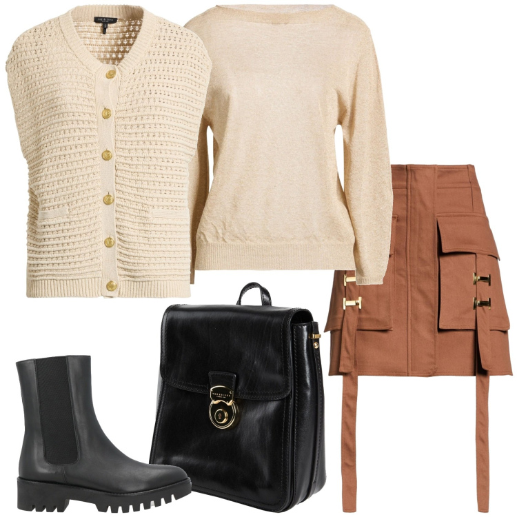 Outfit donna - La gonna utility. Stile Trendy per Scuola/Università. Abbinamento con zaini, cardigans, minigonne, stivaletti chelsea, pullovers.